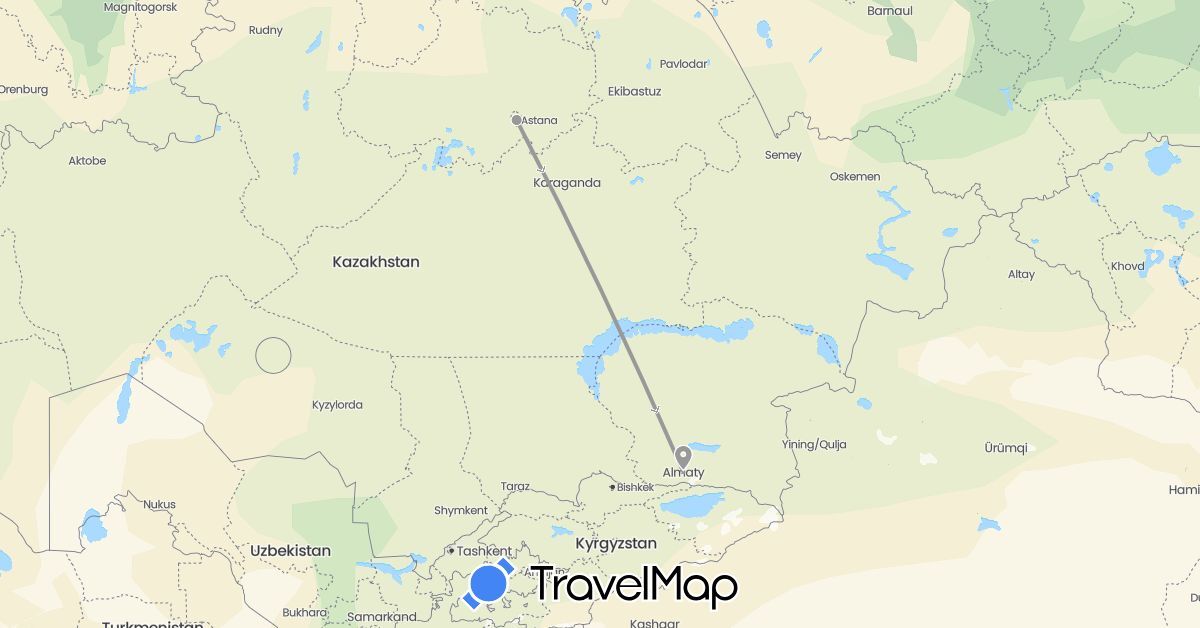 TravelMap itinerary: driving, plane in Kazakhstan (Asia)